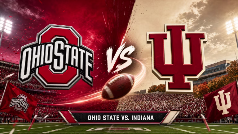 Ohio State Buckeyes and Indiana Hoosiers logos split by a VS graphic over a packed stadium