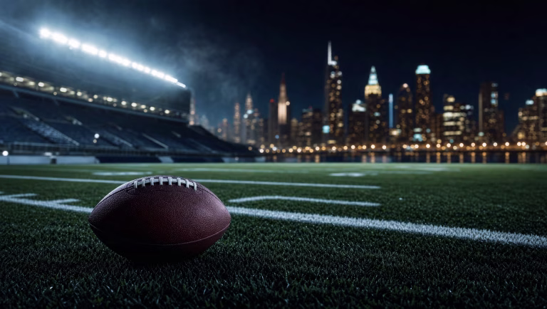 Football on the turf of a lit outdoor stadium at night with a lakefront city skyline in the background