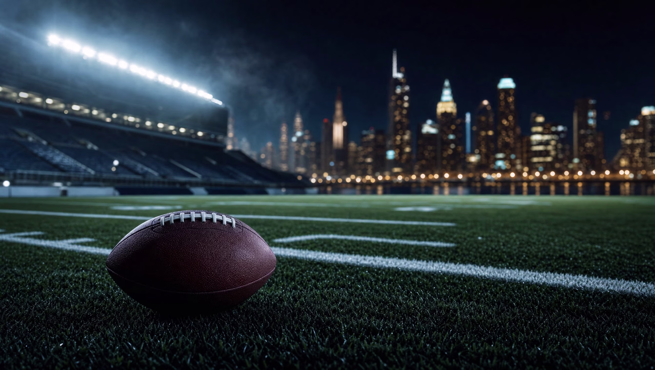 Football on the turf of a lit outdoor stadium at night with a lakefront city skyline in the background