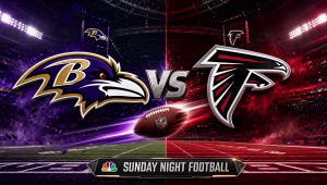 Baltimore Ravens vs Atlanta Falcons Sunday Night Football matchup graphic with both team logos