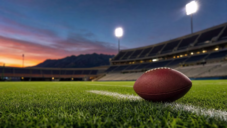 A football rests on a white yard line in an open-air stadium at dusk, with mountains behind the stands